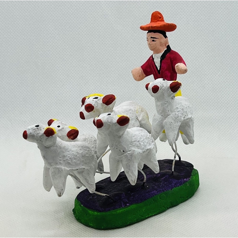 Vintage Mexican Folk Art Man Herding Sheep Clay‎ Wire Herder Farmer Lambs